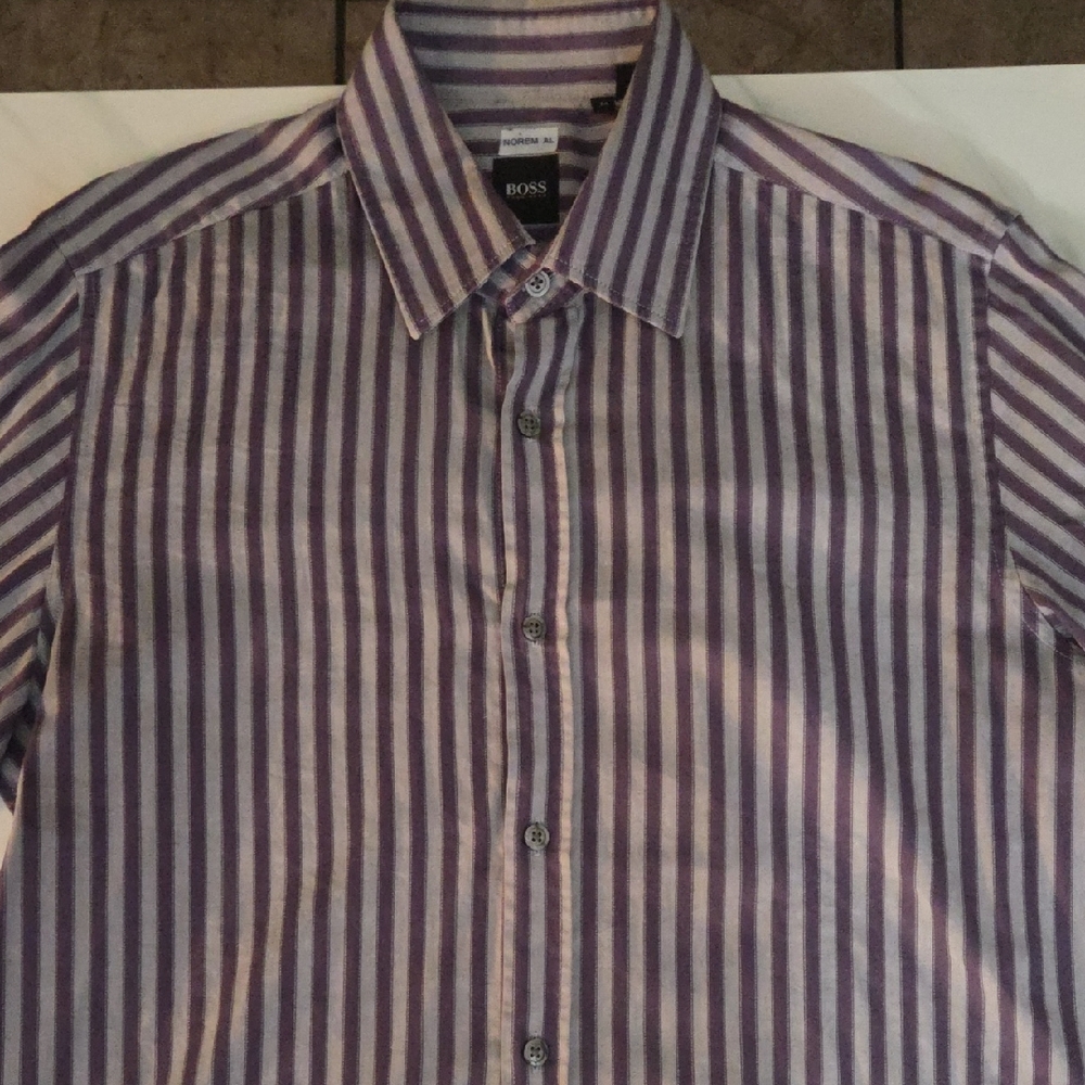 Hugo Boss Men's Purple and White Striped Shirt